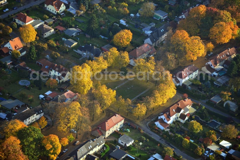 Aerial photograph Hennigsdorf - Autumnal golden yellow colored rows of trees in the homestead settlement in Hennigsdorf in Brandenburg