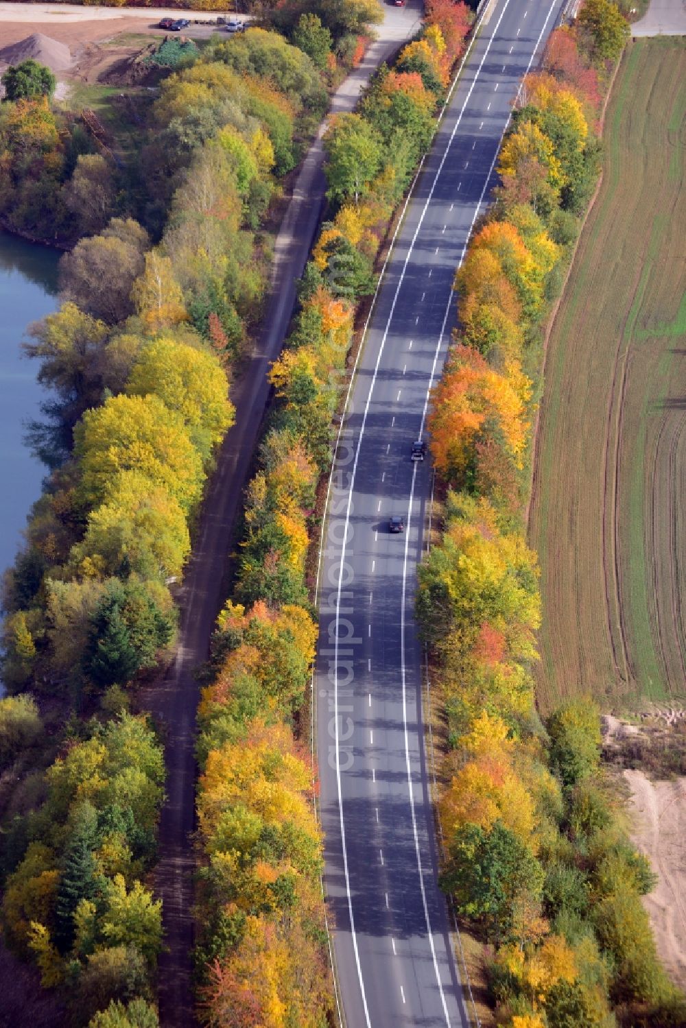 Bodenwerder from above - View of the autumnal A-Road 240 avenue in Bodenwerden in the state Lower Saxony