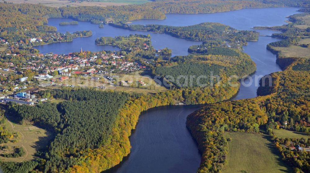 Feldberg from above - View of the autumnal Feldberg Seascape at Feldberg in the state Mecklenburg Vorpommern. Lakes, that are on view, are the Breiter Luzin, Schmaler Luzin and the Haussee