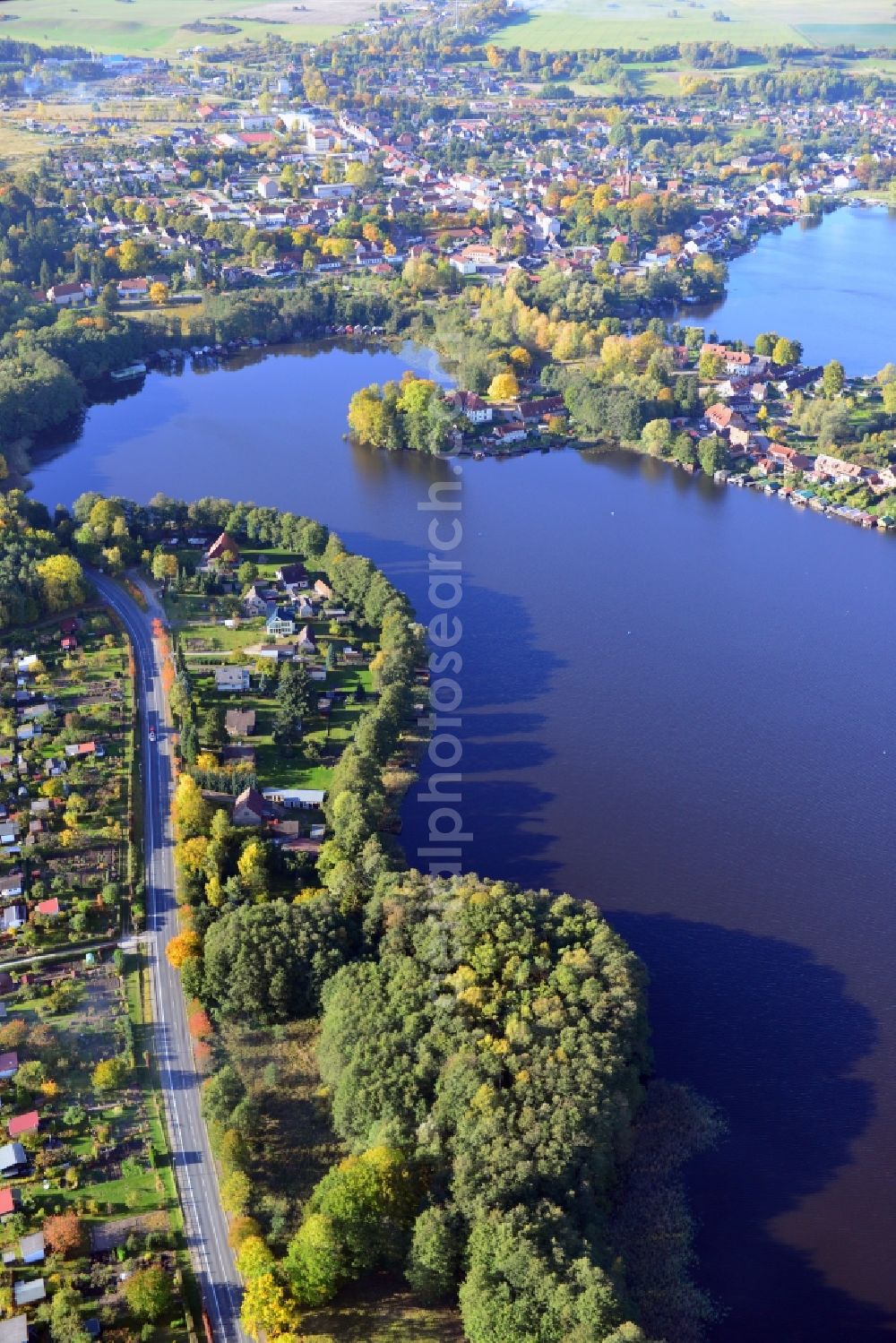 Aerial image Feldberg - Autumnal view at the Feldberg lake landscape near the Feldberg in the federal state of Mecklenburg-Vorpommern. Here to see the Hausee and the city of Feldberg