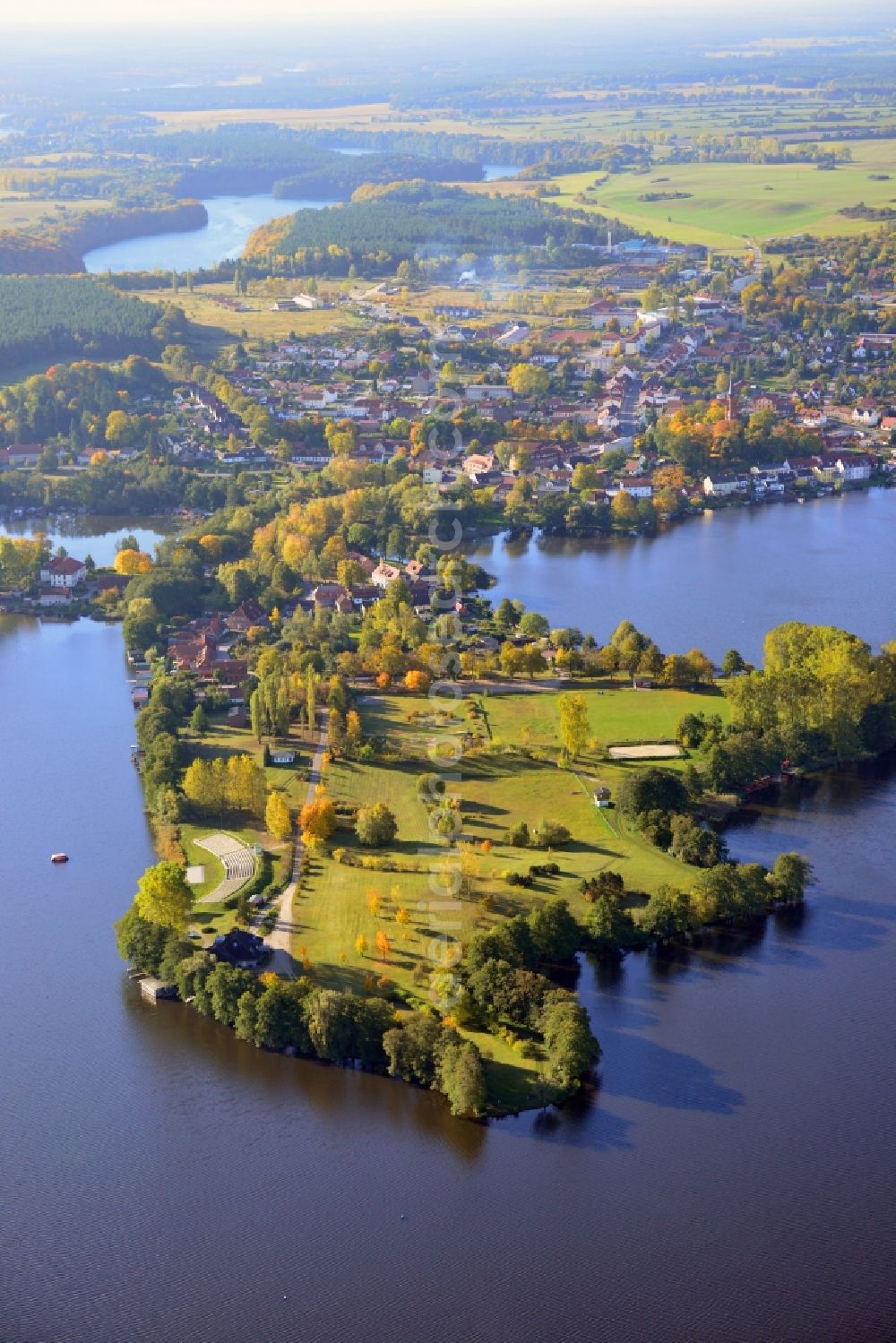 Aerial image Feldberg - Autumnal view at the Feldberg lake landscape near the Feldberg in the federal state of Mecklenburg-Vorpommern. Here to see the Hausee and the city of Feldberg