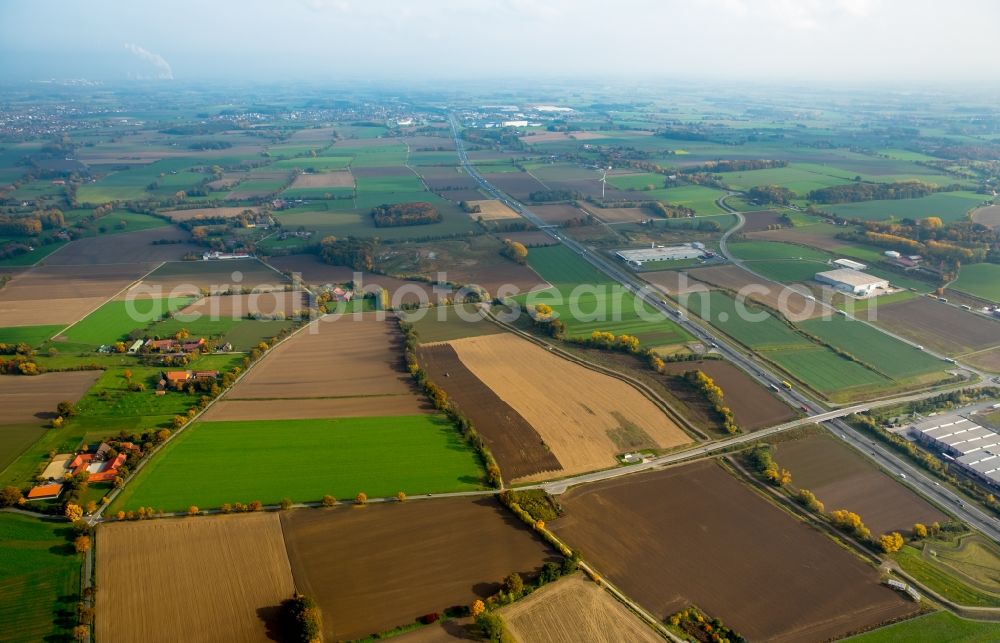 Hamm from above - Autumnal fields around the federal motorway and surrounding area of the A2 in the West of the Rhynern part of Hamm in the state of North Rhine-Westphalia