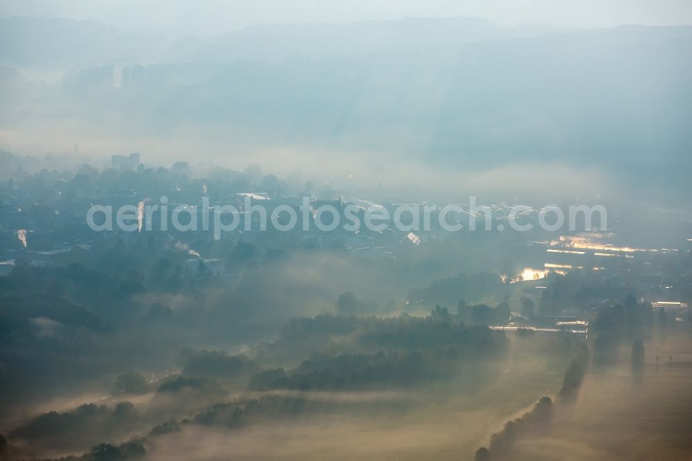Aerial image Kettwig - Autumnal landscape and morning atmosphere above the fog covered Mintarder Ruhrauen near Kettwig in the state of North Rhine-Westphalia
