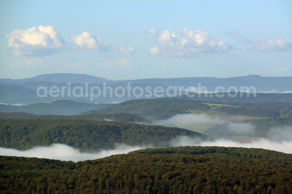 Aerial photograph Geisleden - Weather conditions with cloud formation and autumnal high fog swaths through the forests and mountains of the Thuringian Forest in Geisleden in the state Thuringia