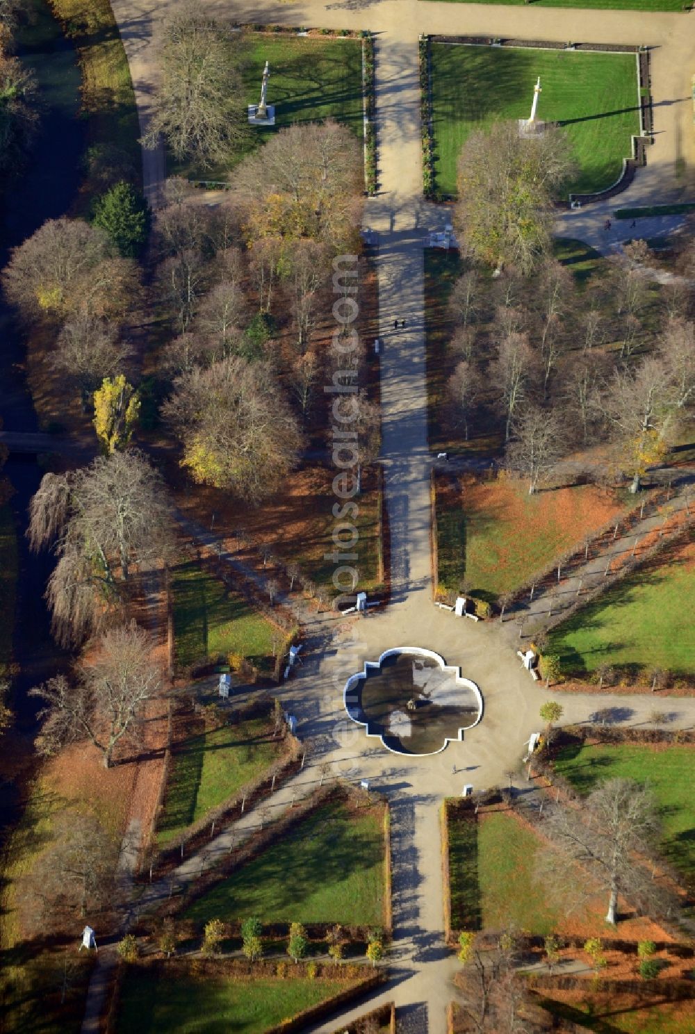 Potsdam from above - Autumnal parkland on the fountains basin in Sanssouci Palace in Potsdam in Brandenburg