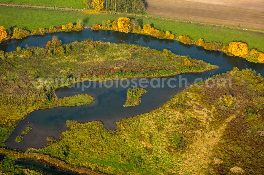 Aerial image Hamm - Riparian zones on the course of the autumnal river Lippe in the Life-Project Lippeaue in the North of the Uentrop part of Hamm in the state of North Rhine-Westphalia