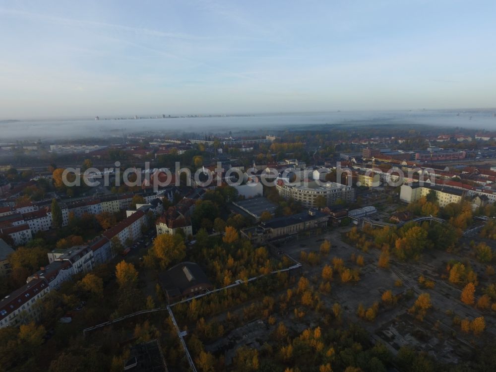 Aerial image Berlin - Autumnal fog layers on the banks of the river course of the River Spree in Berlin Schoeneweide