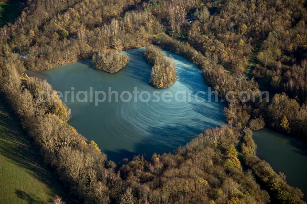 Bochum from the bird's eye view: Autumnal Harpener Pond in a forest in the East of Bochum in the state of North Rhine-Westphalia. Small wooded islands are located in the grey bluish water
