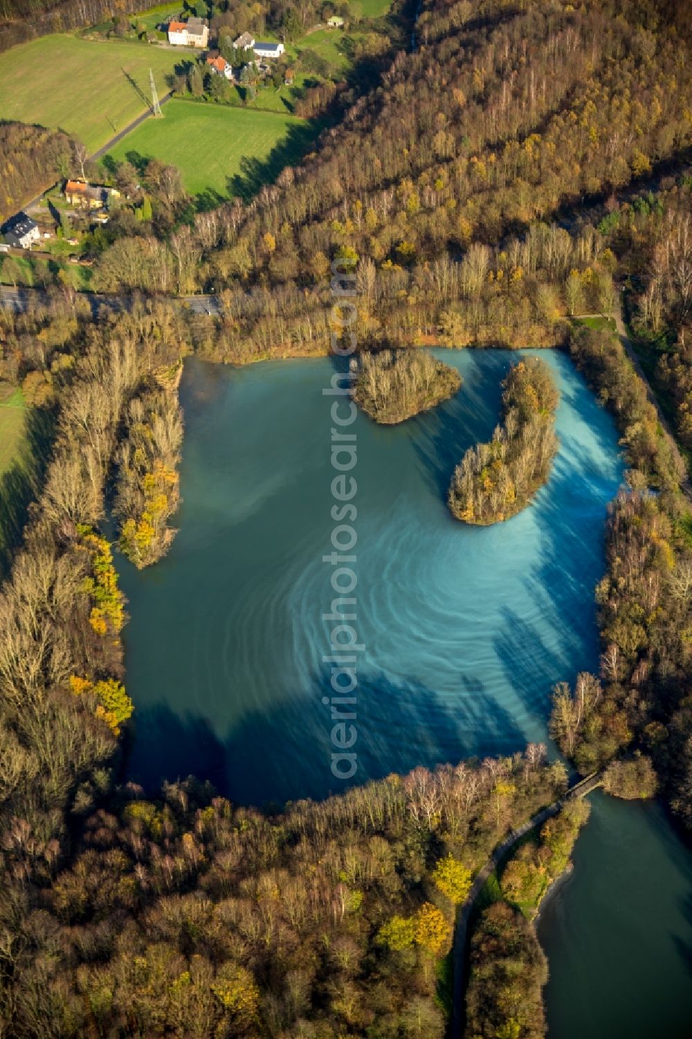 Aerial image Bochum - Autumnal Harpener Pond in a forest in the East of Bochum in the state of North Rhine-Westphalia. Small wooded islands are located in the grey bluish water