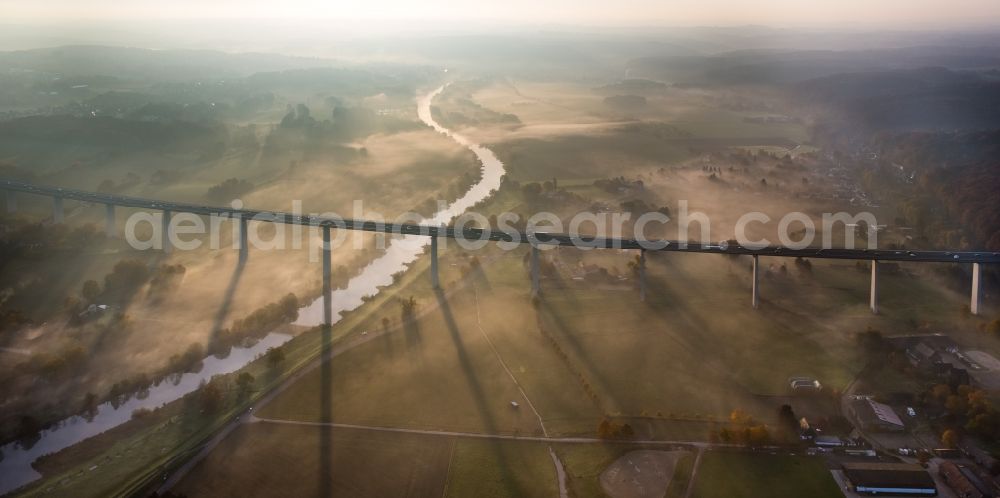 Aerial image Mülheim an der Ruhr - Autumn fog and haze on the route and the lanes of the highway bridge over the motorway A 52 Ruhrtalbruecke in Muelheim an der Ruhr in the state North Rhine-Westphalia