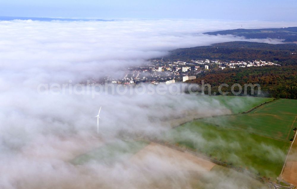 Göttingen from the bird's eye view: Autumn fog and haze in Goettingen in the state Lower Saxony