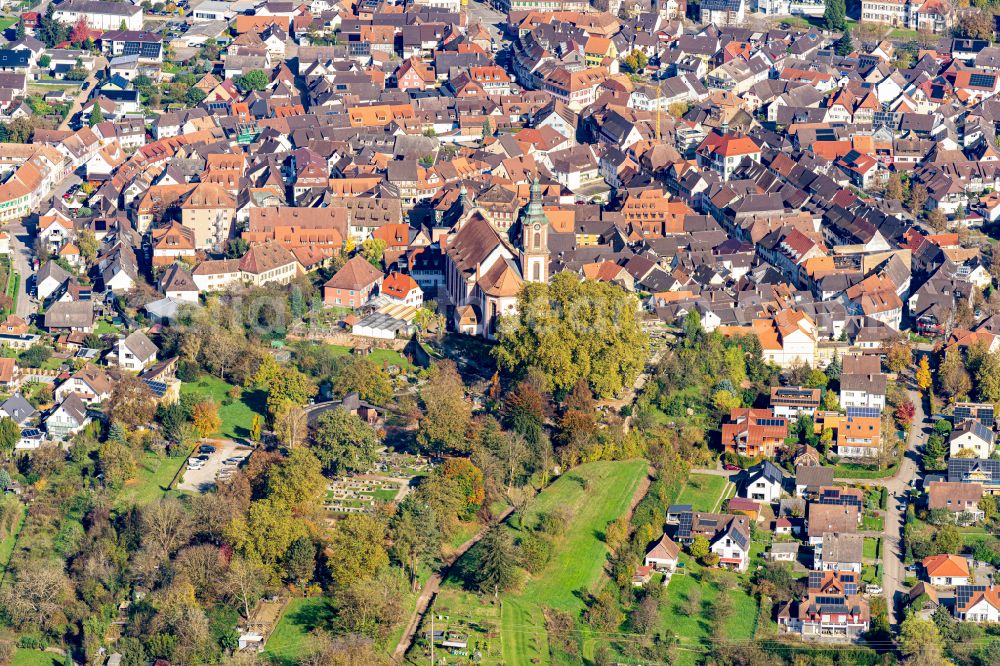 Ettenheim from above - Autumnal discolored vegetation view old Town area and city center in Ettenheim in the state Baden-Wurttemberg, Germany