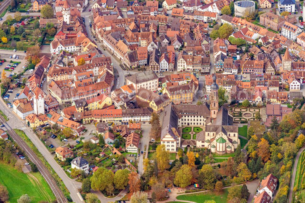 Gengenbach from above - Autumnal discolored vegetation view old Town area and city center in Gengenbach in the state Baden-Wuerttemberg, Germany