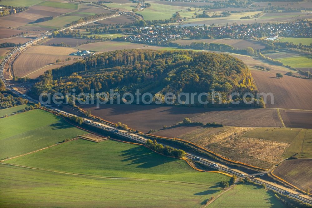 Aerial image Eboldshausen - Autumnal discolored vegetation view Highway route BAB A7 in in Eboldshausen in the state Lower Saxony, Germany