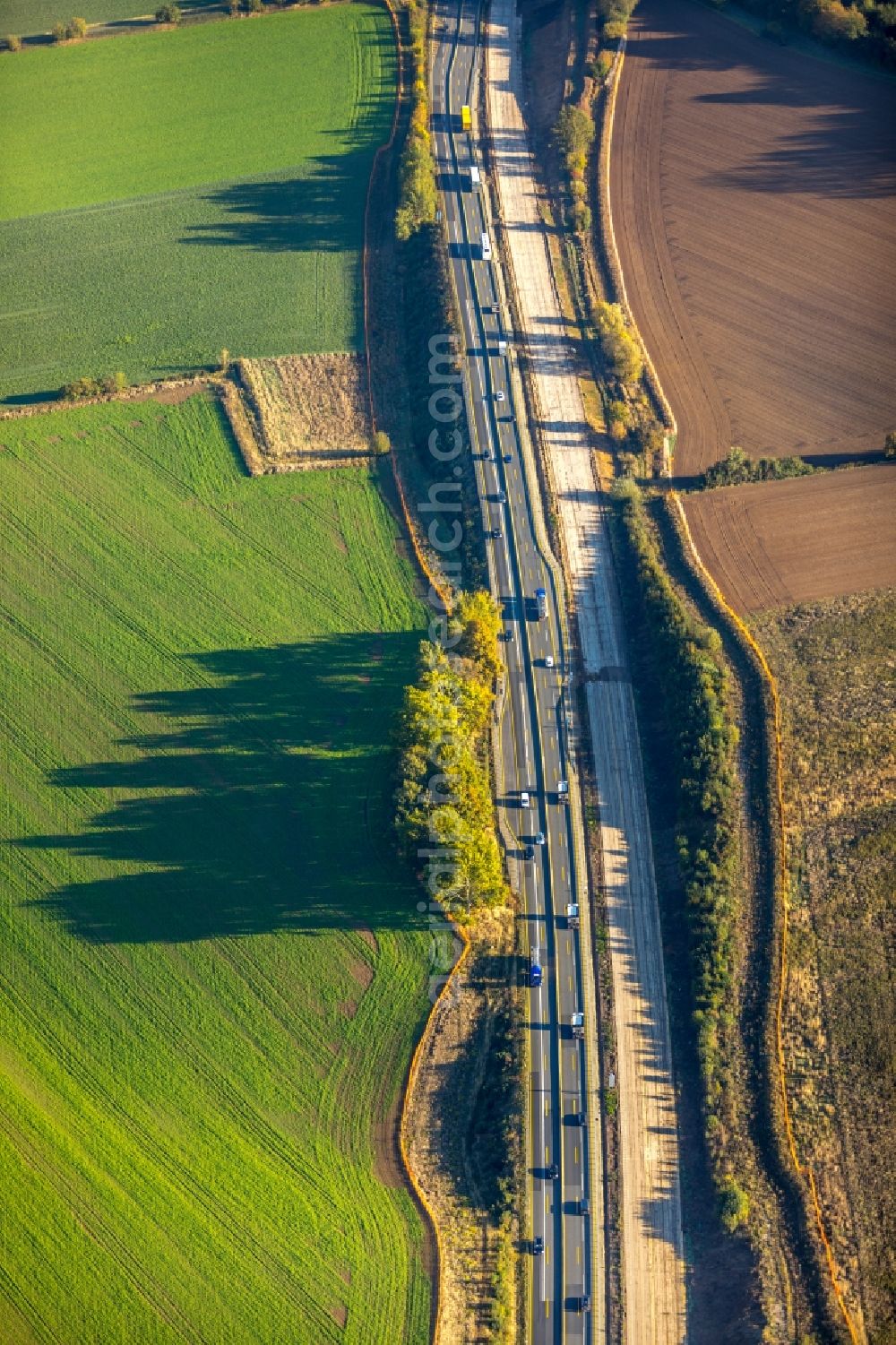 Eboldshausen from above - Autumnal discolored vegetation view Highway route BAB A7 in in Eboldshausen in the state Lower Saxony, Germany