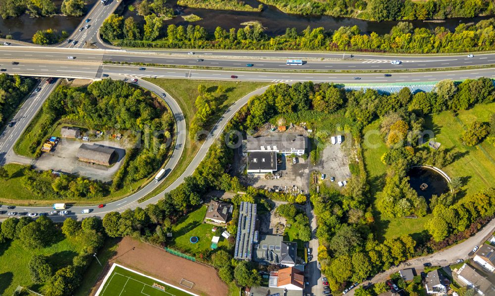 Neheim from above - Autumnal discolored vegetation view highway route BAB A46 in in Neheim at Sauerland in the state North Rhine-Westphalia, Germany