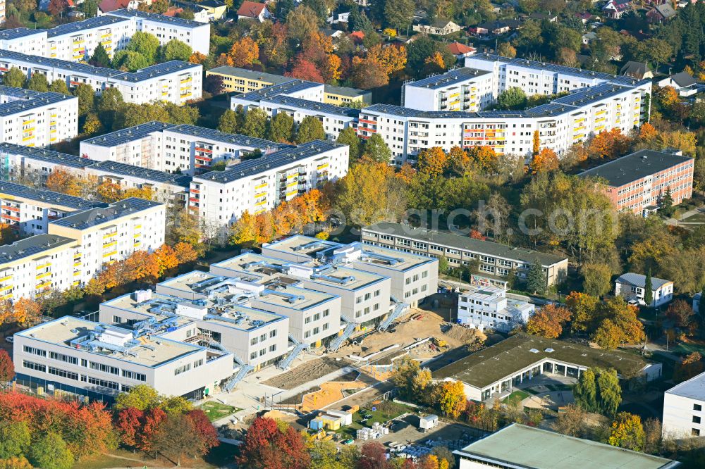 Aerial photograph Berlin - Autumnal discolored vegetation view new construction site of the school building Gymnasium with Sporthalle on street Erich-Kaestner-Strasse - Peter-Huchel-Strasse in the district Hellersdorf in Berlin, Germany