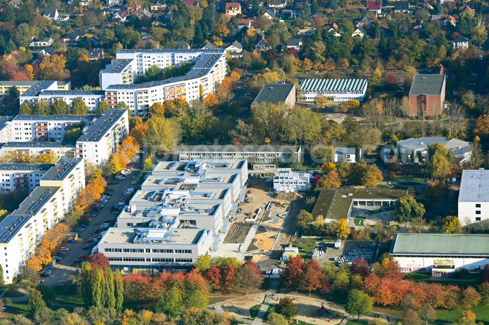 Berlin from the bird's eye view: Autumnal discolored vegetation view new construction site of the school building Gymnasium with Sporthalle on street Erich-Kaestner-Strasse - Peter-Huchel-Strasse in the district Hellersdorf in Berlin, Germany