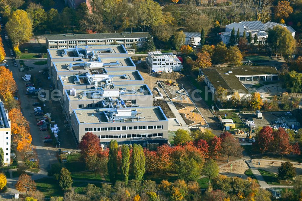 Aerial photograph Berlin - Autumnal discolored vegetation view new construction site of the school building Gymnasium with Sporthalle on street Erich-Kaestner-Strasse - Peter-Huchel-Strasse in the district Hellersdorf in Berlin, Germany