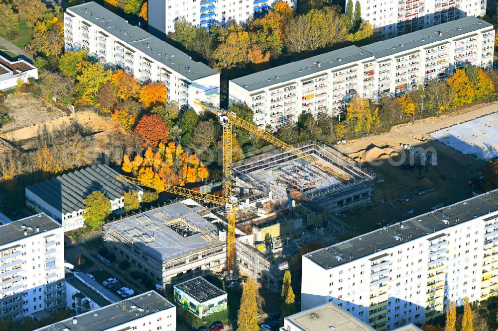 Berlin from the bird's eye view: Autumnal discolored vegetation view new construction site of the school building on street Wuhlestrasse - Garzauer Strasse - Buckower Ring in the district Biesdorf in Berlin, Germany