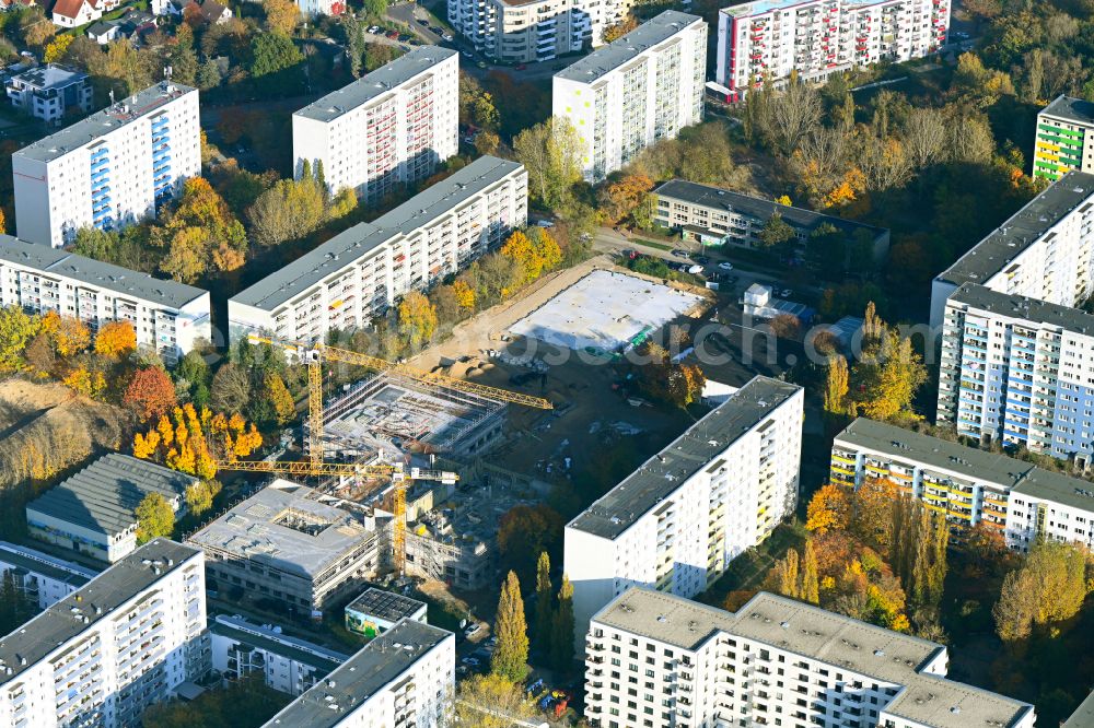 Aerial image Berlin - Autumnal discolored vegetation view new construction site of the school building on street Wuhlestrasse - Garzauer Strasse - Buckower Ring in the district Biesdorf in Berlin, Germany