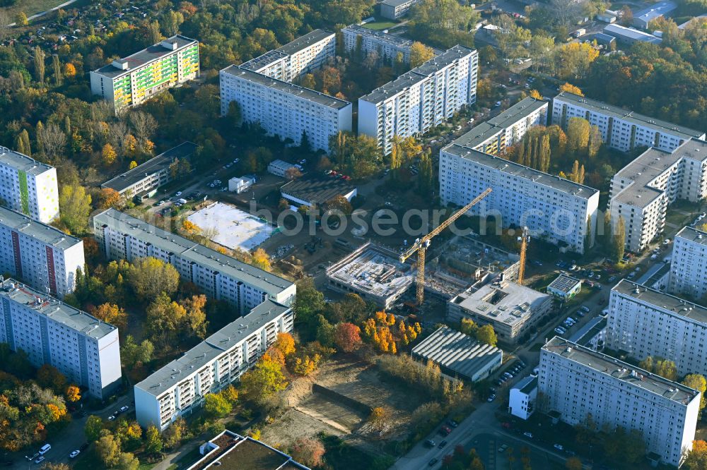 Aerial photograph Berlin - Autumnal discolored vegetation view new construction site of the school building on street Wuhlestrasse - Garzauer Strasse - Buckower Ring in the district Biesdorf in Berlin, Germany