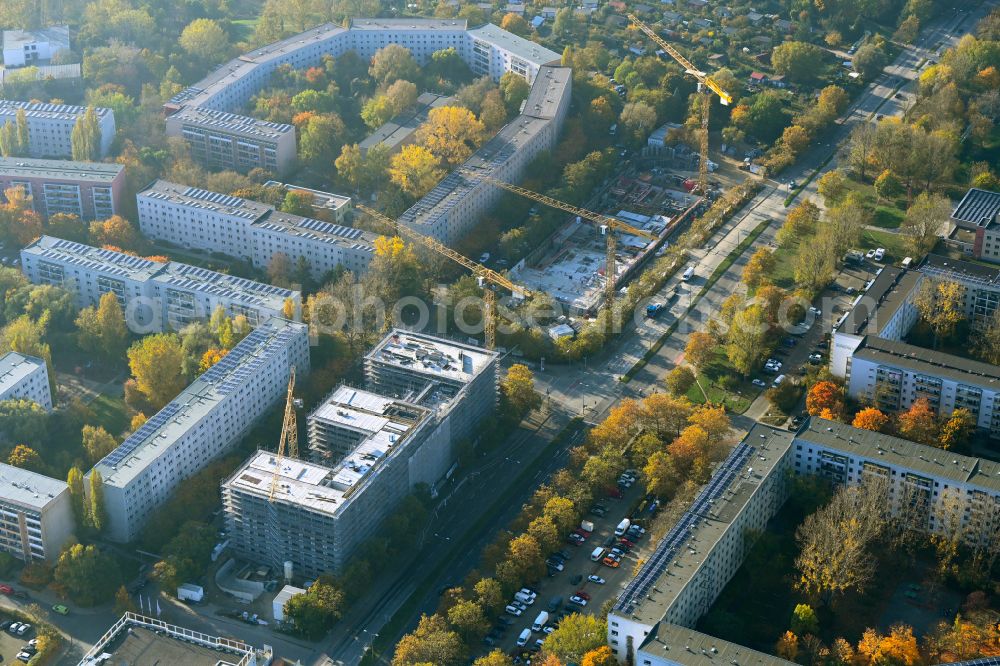 Aerial image Berlin - Autumnal discolored vegetation view construction site for the new build retirement home Seniorenwohnen Cecilienstrasse on street Teterower Ring - Cecilienstrasse in the district Hellersdorf in Berlin, Germany