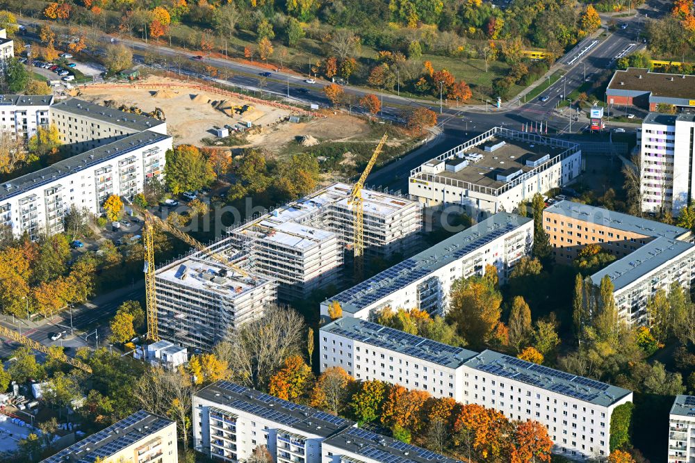 Berlin from the bird's eye view: Autumnal discolored vegetation view construction site for the new build retirement home Seniorenwohnen Cecilienstrasse on street Teterower Ring - Cecilienstrasse in the district Hellersdorf in Berlin, Germany