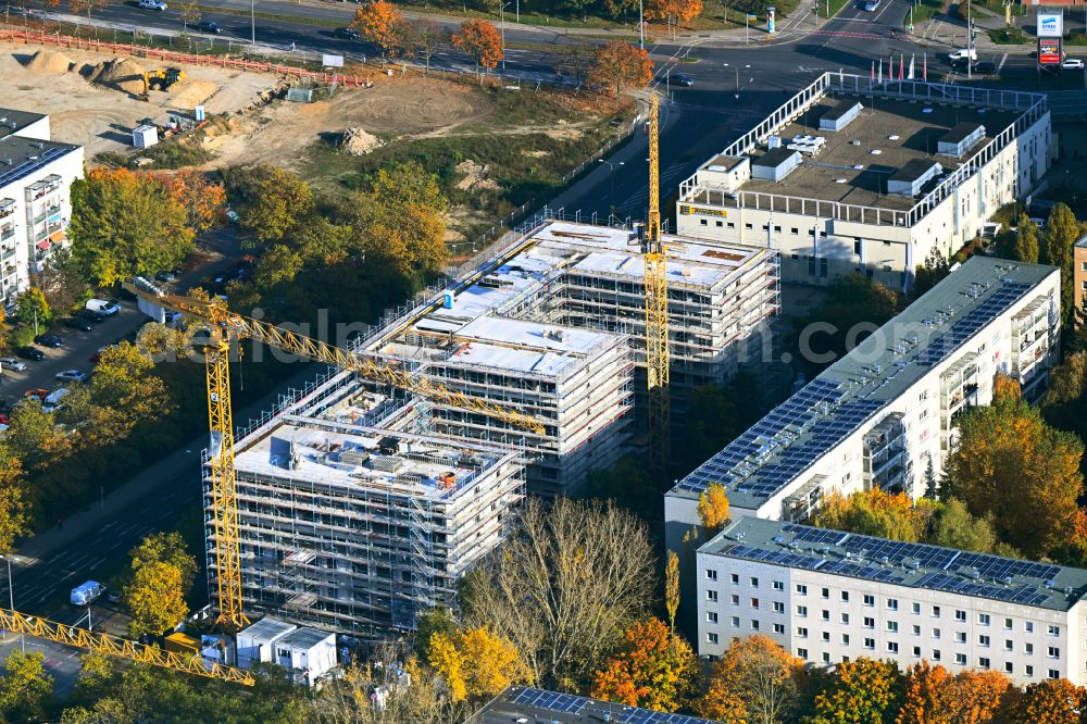 Aerial image Berlin - Autumnal discolored vegetation view construction site for the new build retirement home Seniorenwohnen Cecilienstrasse on street Teterower Ring - Cecilienstrasse in the district Hellersdorf in Berlin, Germany