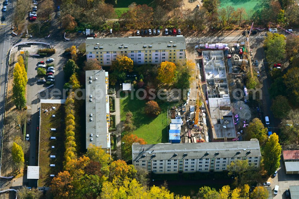 Aerial photograph Berlin - Autumnal discolored vegetation view construction site for the multi-family residential building on Haenselstrasse in the district Baumschulenweg in Berlin, Germany