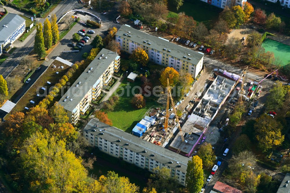 Berlin from the bird's eye view: Autumnal discolored vegetation view construction site for the multi-family residential building on Haenselstrasse in the district Baumschulenweg in Berlin, Germany