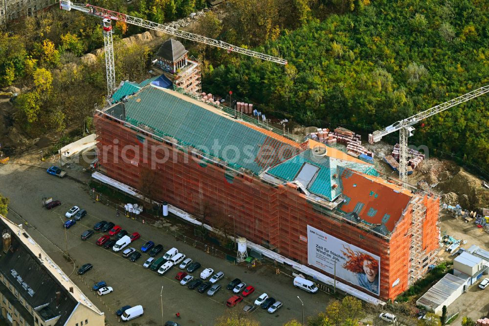 Leipzig from the bird's eye view: Autumnal discolored vegetation view Construction site to convert the historic building of the Karl Krause Fabrik to an apartment building on Theodor-Neubauer-Strasse in the district Anger-Crottendorf in Leipzig in the state Saxony, Germany