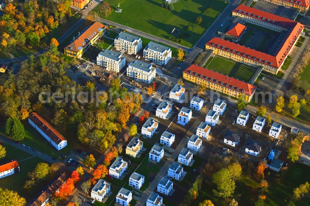 Aerial photograph Berlin - Autumnal discolored vegetation view construction sites for new construction residential area of detached housing estate Amberbaumallee - Moorbirkenweg in the district Kladow in Berlin, Germany