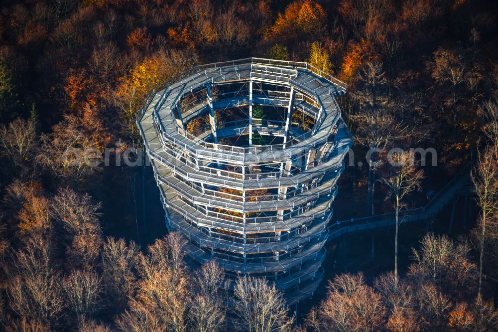 Aerial image Ebracher Forst - Autumnal discolored vegetation view structure of the observation tower Baumwipfelpfad Steigerwald Tower in Ebracher Forst in the state Bavaria, Germany