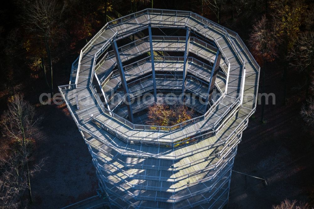 Aerial photograph Ebracher Forst - Autumnal discolored vegetation view structure of the observation tower Baumwipfelpfad Steigerwald Tower in Ebracher Forst in the state Bavaria, Germany