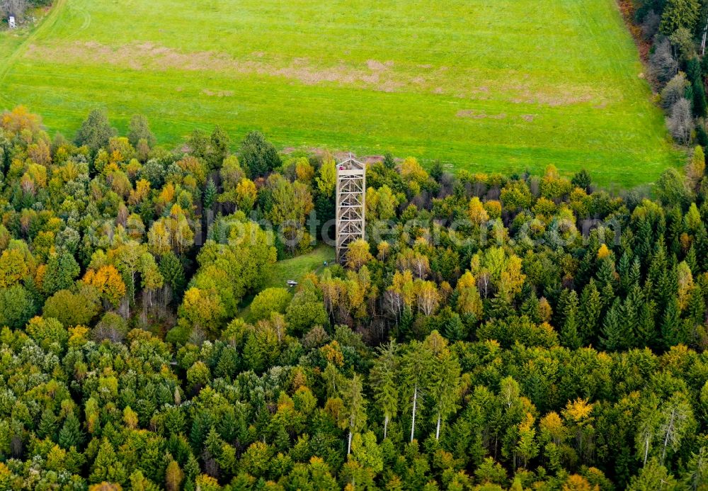 Aerial image Holzminden - Autumnal discolored vegetation view structure of the observation tower Hochsolling in Holzminden in the state Lower Saxony, Germany