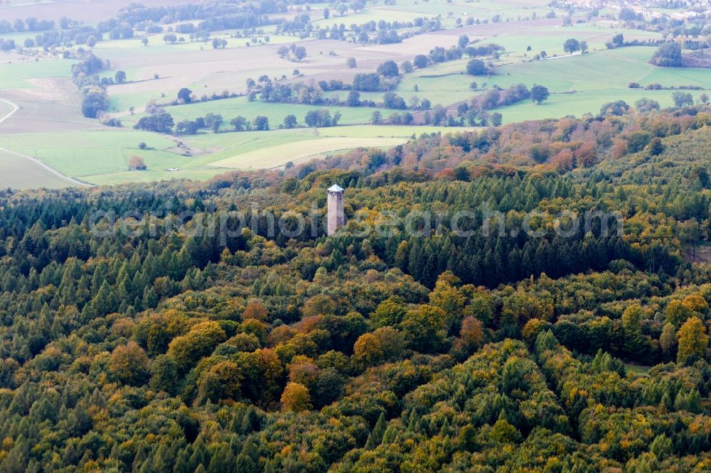 Solling from above - Autumnal discolored vegetation view structure of the observation tower Sollingturm in Solling in the state Lower Saxony, Germany