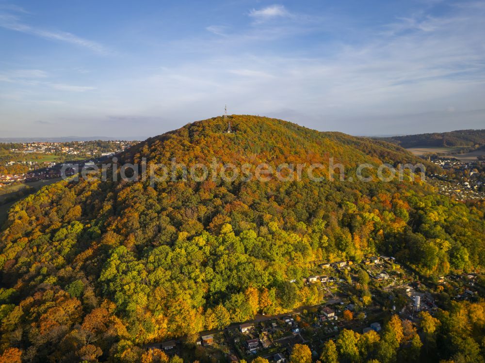 Freital from the bird's eye view: Autumnal discolored vegetation view mountain top of the Windberg in Freital in the state Saxony, Germany