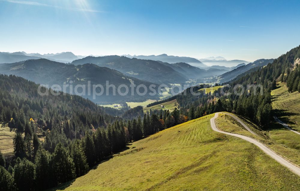 Aerial image Balderschwang - Autumnal colored landscape view from the mountains of the Hoernerkette above Balderschwang in the Allgaeu in Blaichach in the state of Bavaria, Germany