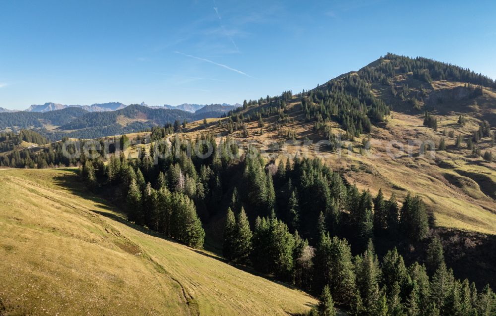 Aerial photograph Balderschwang - Autumnal colored landscape view from the mountains of the Hoernerkette above Balderschwang in the Allgaeu in Blaichach in the state of Bavaria, Germany