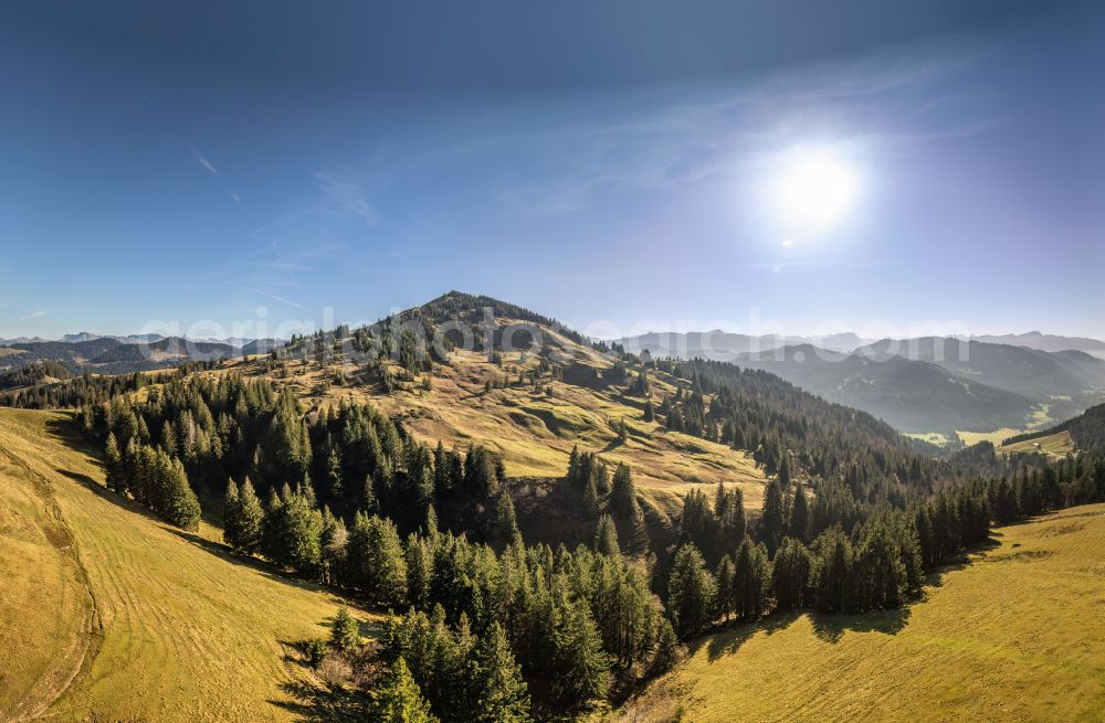 Aerial image Balderschwang - Autumnal colored landscape view from the mountains of the Hoernerkette above Balderschwang in the Allgaeu in Blaichach in the state of Bavaria, Germany