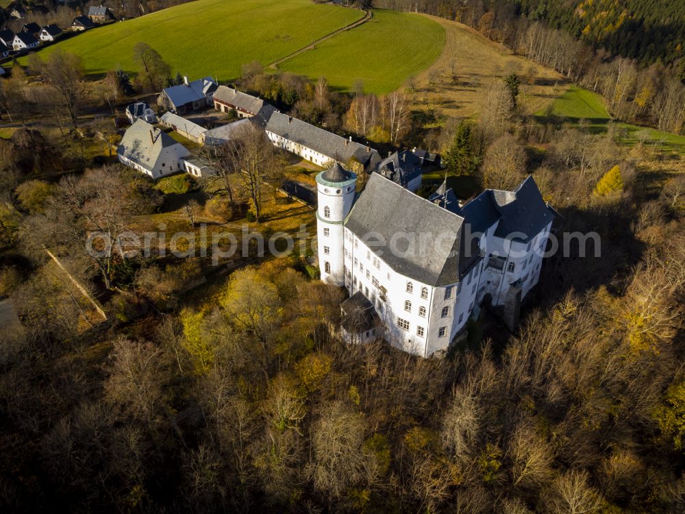 Altenberg from the bird's eye view: Autumnal discolored vegetation view castle complex of Castle Baerenstein on the street Schlosshof in the district of Baerenstein in Altenberg in the federal state of Saxony, Germany