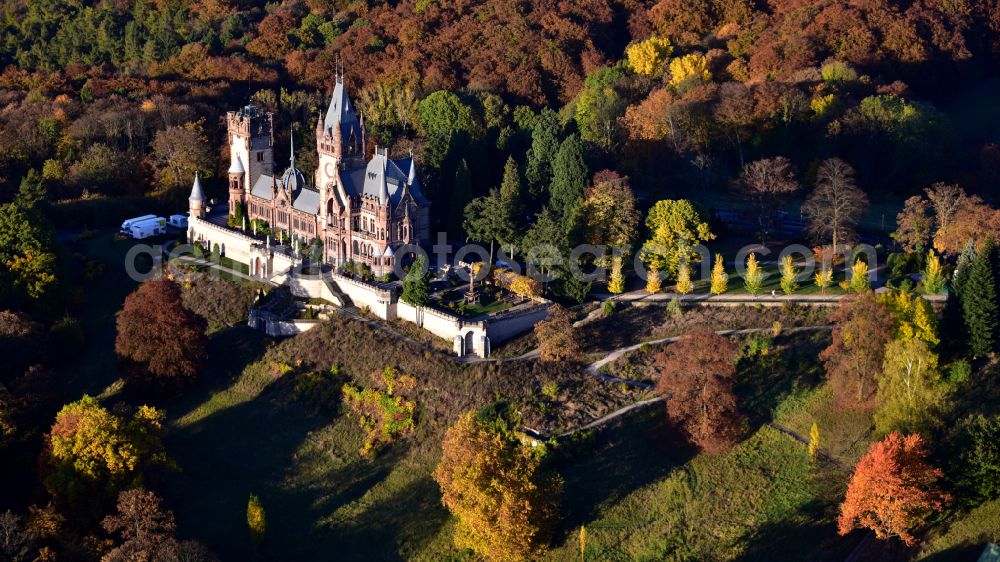 Aerial image Königswinter - Autumnal discolored vegetation view Castle complex on the plateau Schloss Drachenburg on street Drachenfelsstrasse in Koenigswinter in the state North Rhine-Westphalia, Germany