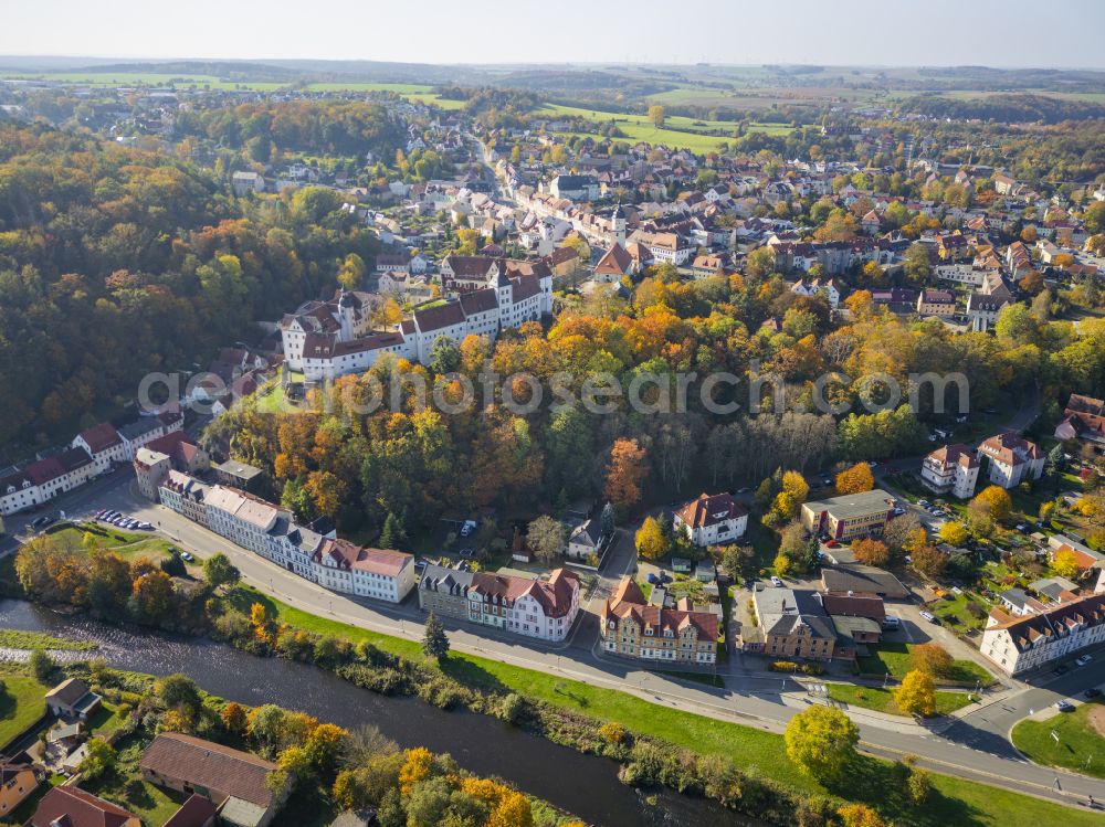 Nossen from above - Autumnal discolored vegetation view castle of Schloss Nossen in Nossen in the state Saxony, Germany