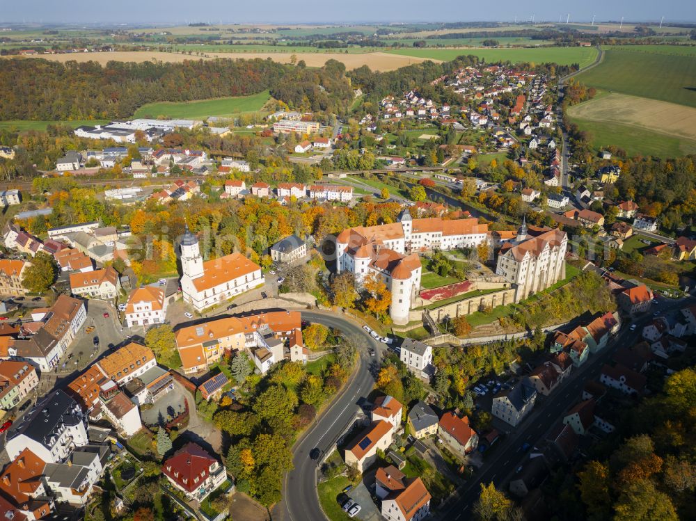 Nossen from above - Autumnal discolored vegetation view castle of Schloss Nossen in Nossen in the state Saxony, Germany