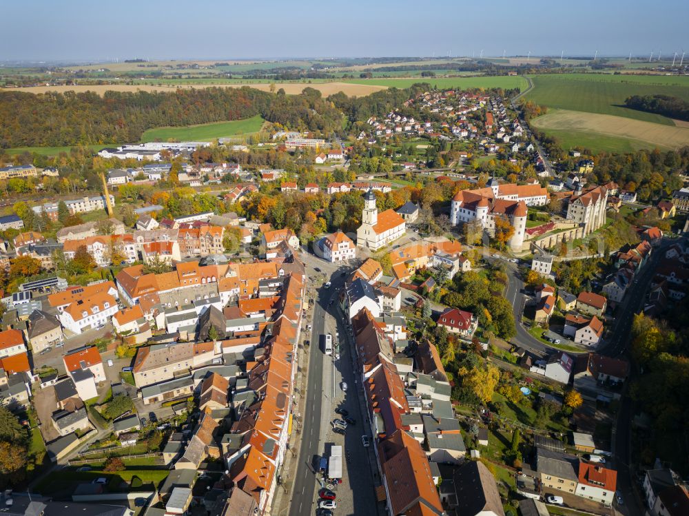 Nossen from above - Autumnal discolored vegetation view castle of Schloss Nossen in Nossen in the state Saxony, Germany