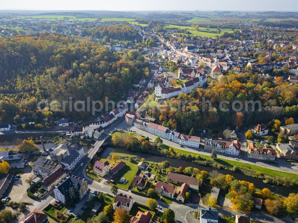 Aerial image Nossen - Autumnal discolored vegetation view castle of Schloss Nossen in Nossen in the state Saxony, Germany