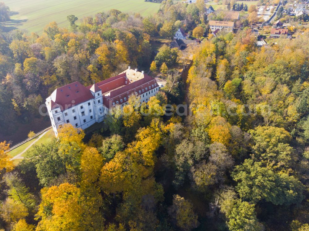 Aerial image Meißen - Autumnal discolored vegetation view castle of Schloss Siebeneichen on street Siebeneichener Schlossberg in Meissen in the state Saxony, Germany