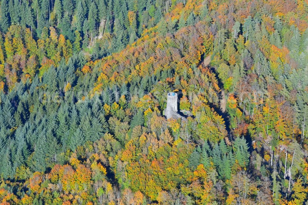 Wehr from above - Autumnal discolored vegetation view burg Baerenfels on the slopes of the Hotzenwald on the mount Steinegg in Wehr in Baden-Wuerttemberg. The ruins of the hilltop castle now serve as an observation tower overlooking Wehratal and Hochrhein