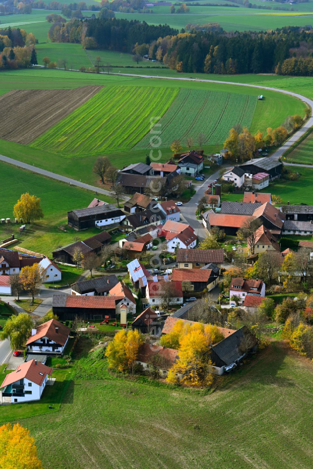 Oberbernrieth from above - Autumnal discolored vegetation view village view in Oberbernrieth in the state Bavaria, Germany